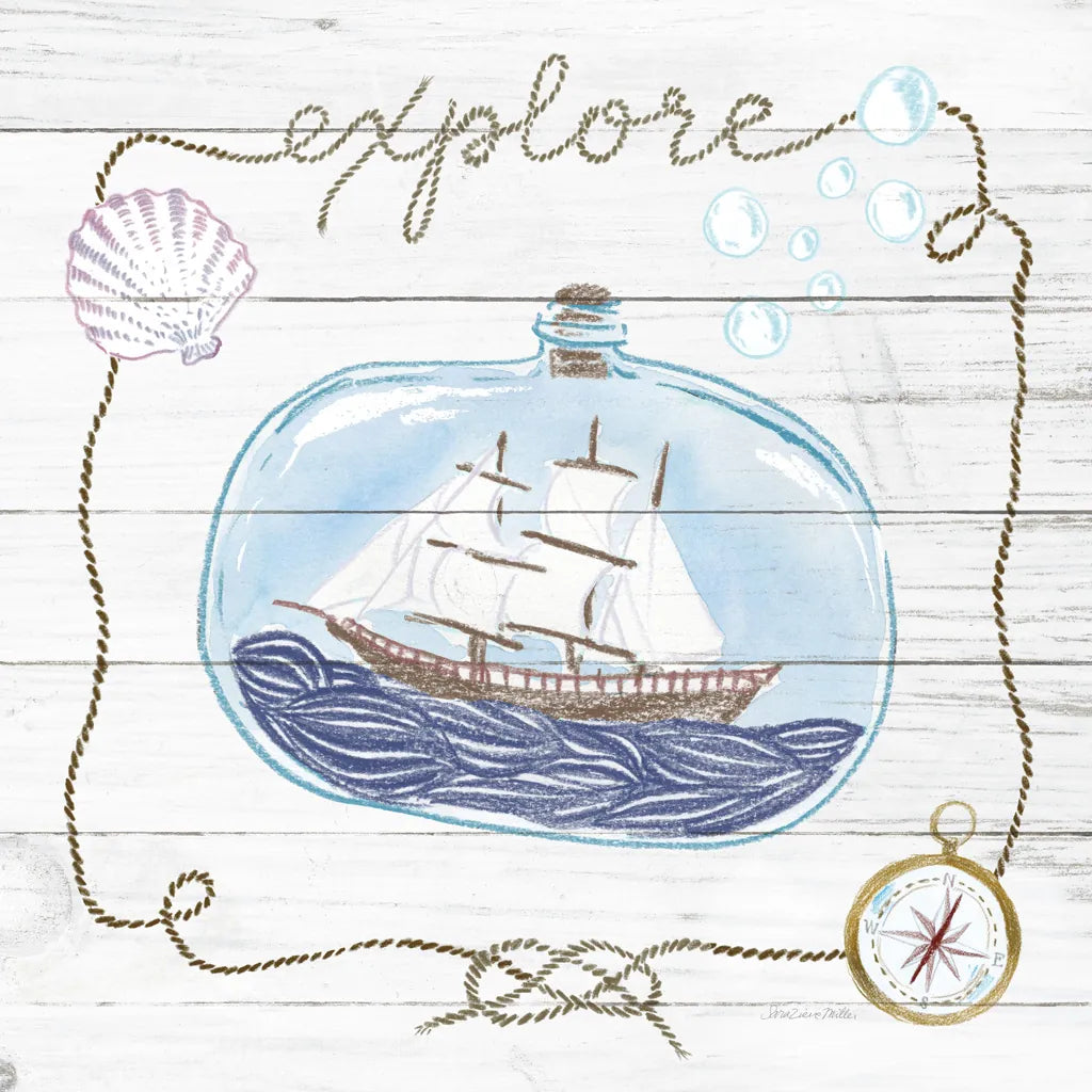 Ship in a Bottle Explore Shiplap by Sara Zieve Miller. SKU 38812a. Archival Giclee Fine art print for wall decor.