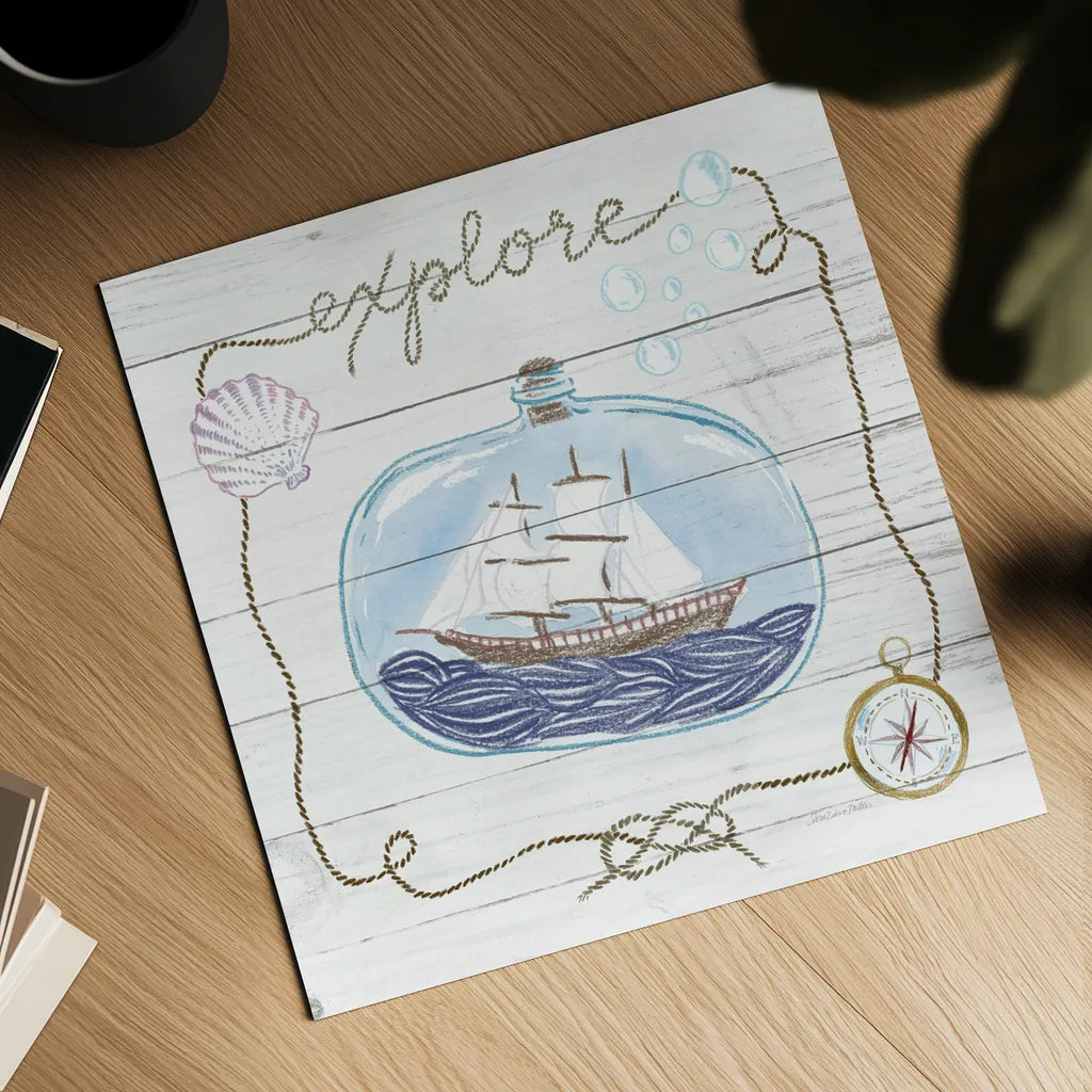Ship in a Bottle Explore Shiplap by Sara Zieve Miller. Shown as a detailed flat fine art print, highlighting archival giclee quality. Available as an archival giclee rolled canvas, fine art paper, or poster print. SKU 38812a.