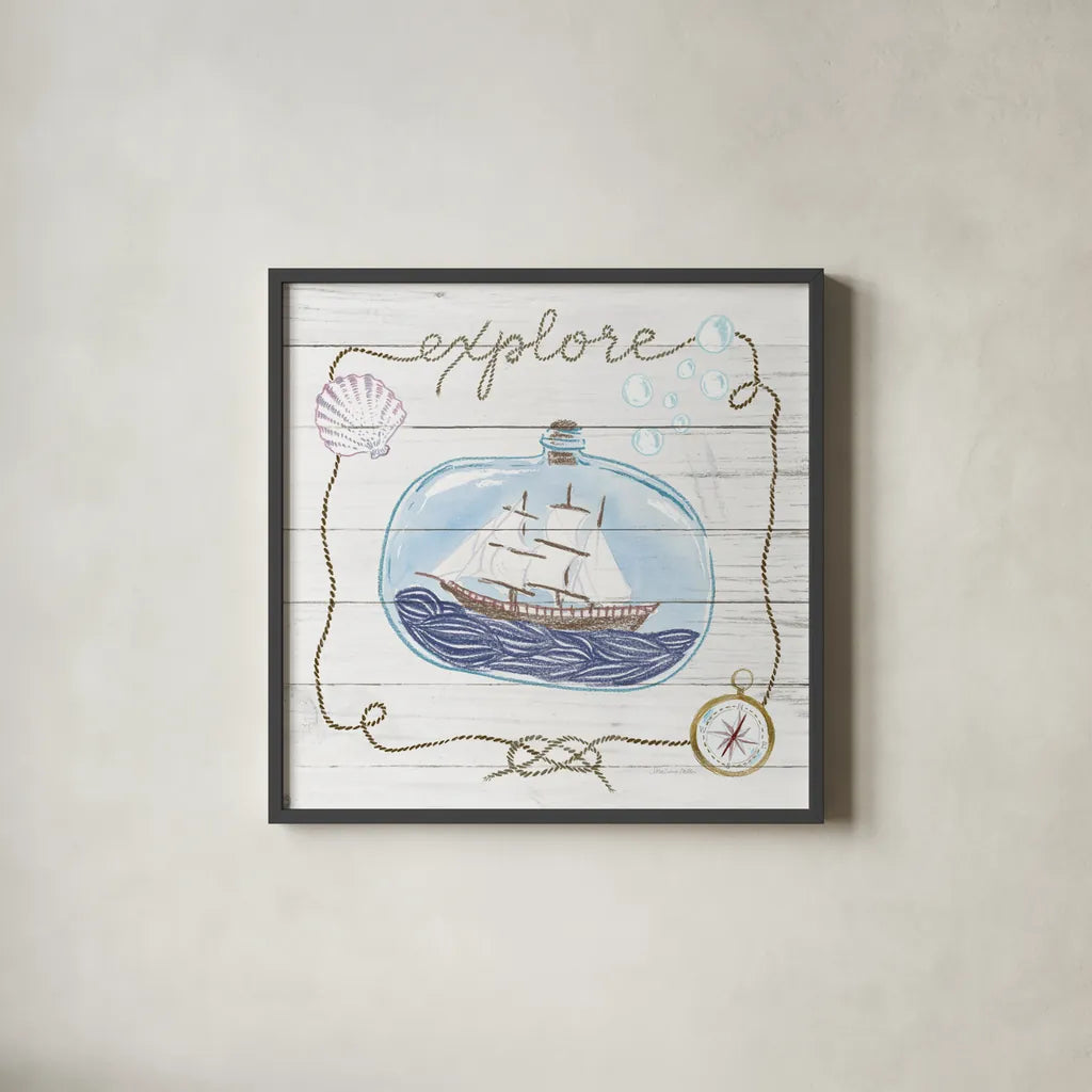 Ship in a Bottle Explore Shiplap by Sara Zieve Miller. Shown in a sleek black glass frame for a contemporary gallery look. Available as an archival giclee rolled canvas, fine art paper, or poster print. SKU 38812a.