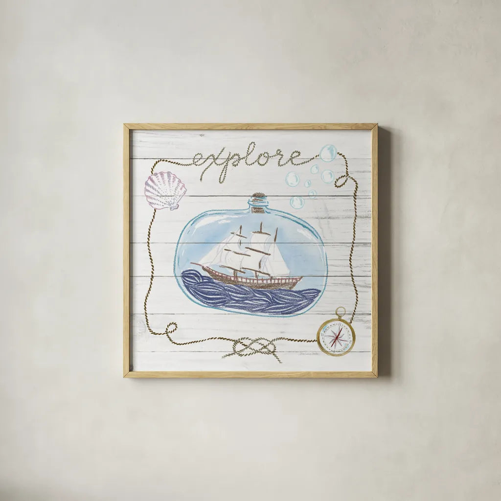Ship in a Bottle Explore Shiplap by Sara Zieve Miller. Shown in a natural wood glass frame for a timeless modern aesthetic. Available as an archival giclee rolled canvas, fine art paper, or poster print. SKU 38812a.