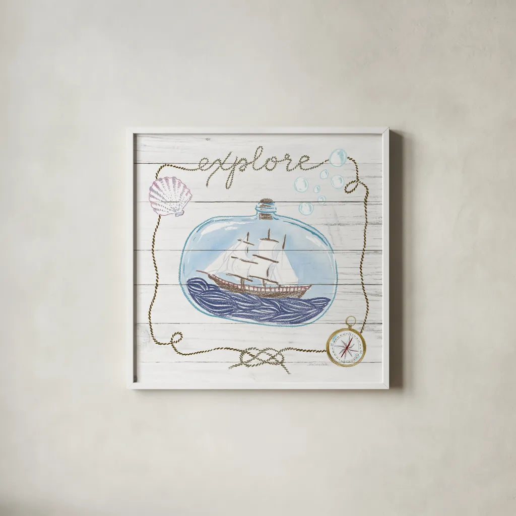 Ship in a Bottle Explore Shiplap by Sara Zieve Miller. Shown in a crisp white glass frame for a clean and minimalist style. Available as an archival giclee rolled canvas, fine art paper, or poster print. SKU 38812a.