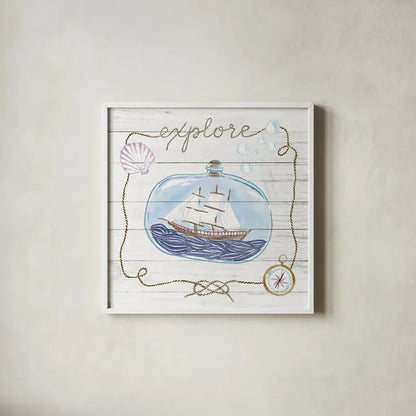 Ship in a Bottle Explore Shiplap by Sara Zieve Miller. Shown in a crisp white glass frame for a clean and minimalist style. Available as an archival giclee rolled canvas, fine art paper, or poster print. SKU 38812a.