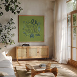 Something Wicked V by Sara Zieve Miller. Shown in a natural wood frame in a cozy modern living room. Available as an archival giclee rolled canvas, fine art paper, or poster print. SKU 58089a.
