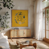 Something Wicked VI by Sara Zieve Miller. Shown in a natural wood frame in a cozy modern living room. Available as an archival giclee rolled canvas, fine art paper, or poster print. SKU 58090a.