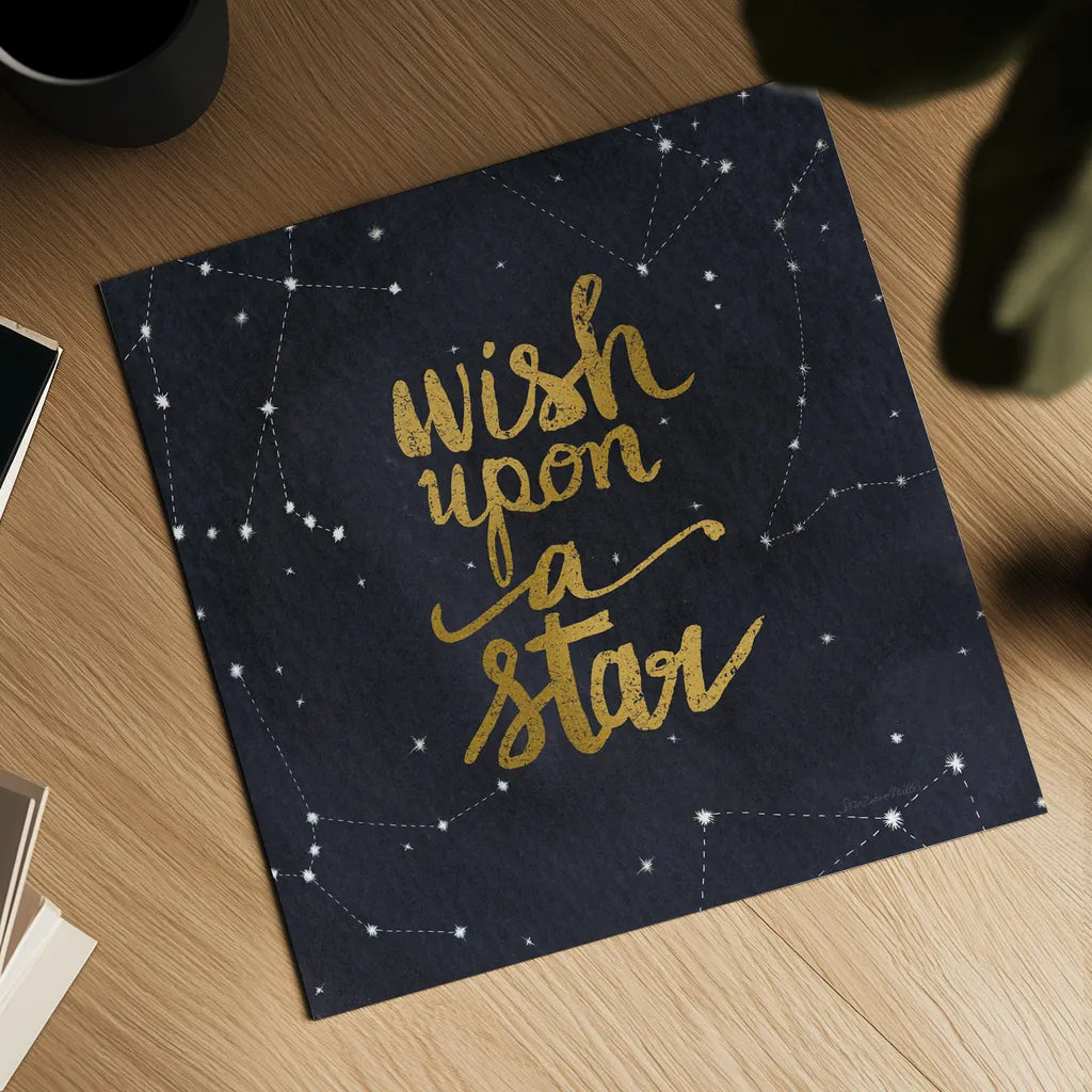 Starry Words Gold - Wish Upon A Star by Sara Zieve Miller. Shown as a detailed flat fine art print, highlighting archival giclee quality. Available as an archival giclee rolled canvas, fine art paper, or poster print. SKU 36005a.