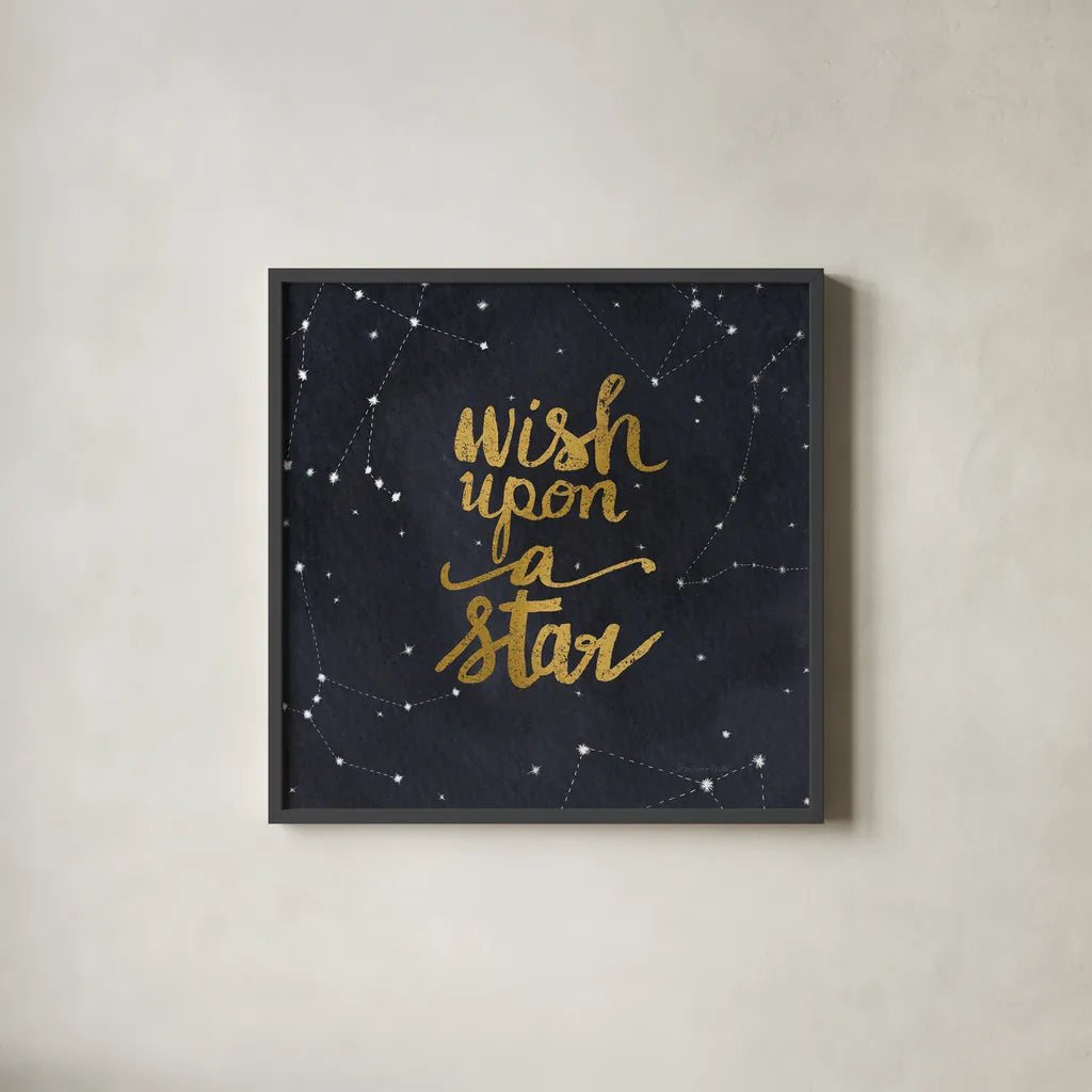 Starry Words Gold - Wish Upon A Star by Sara Zieve Miller. Shown in a sleek black glass frame for a contemporary gallery look. Available as an archival giclee rolled canvas, fine art paper, or poster print. SKU 36005a.
