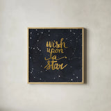 Starry Words Gold - Wish Upon A Star by Sara Zieve Miller. Shown in a natural wood glass frame for a timeless modern aesthetic. Available as an archival giclee rolled canvas, fine art paper, or poster print. SKU 36005a.
