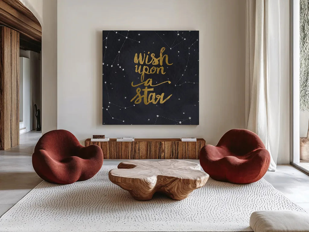 Starry Words Gold - Wish Upon A Star by Sara Zieve Miller. Shown as extra-large giant wall art in a modern living room. Available as an archival giclee rolled canvas, fine art paper, or poster print. SKU 36005a.