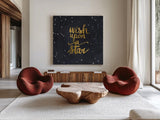 Starry Words Gold - Wish Upon A Star by Sara Zieve Miller. Shown as extra-large giant wall art in a modern living room. Available as an archival giclee rolled canvas, fine art paper, or poster print. SKU 36005a.