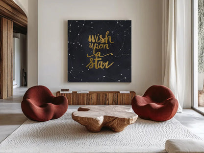 Starry Words Gold - Wish Upon A Star by Sara Zieve Miller. Shown as extra-large giant wall art in a modern living room. Available as an archival giclee rolled canvas, fine art paper, or poster print. SKU 36005a.