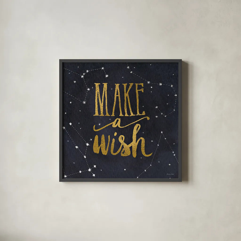 Starry Words I v.3 Gold by Sara Zieve Miller. Shown in a sleek black glass frame for a contemporary gallery look. Available as an archival giclee rolled canvas, fine art paper, or poster print. SKU 21671a.