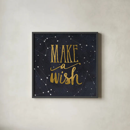 Starry Words I v.3 Gold by Sara Zieve Miller. Shown in a sleek black glass frame for a contemporary gallery look. Available as an archival giclee rolled canvas, fine art paper, or poster print. SKU 21671a.