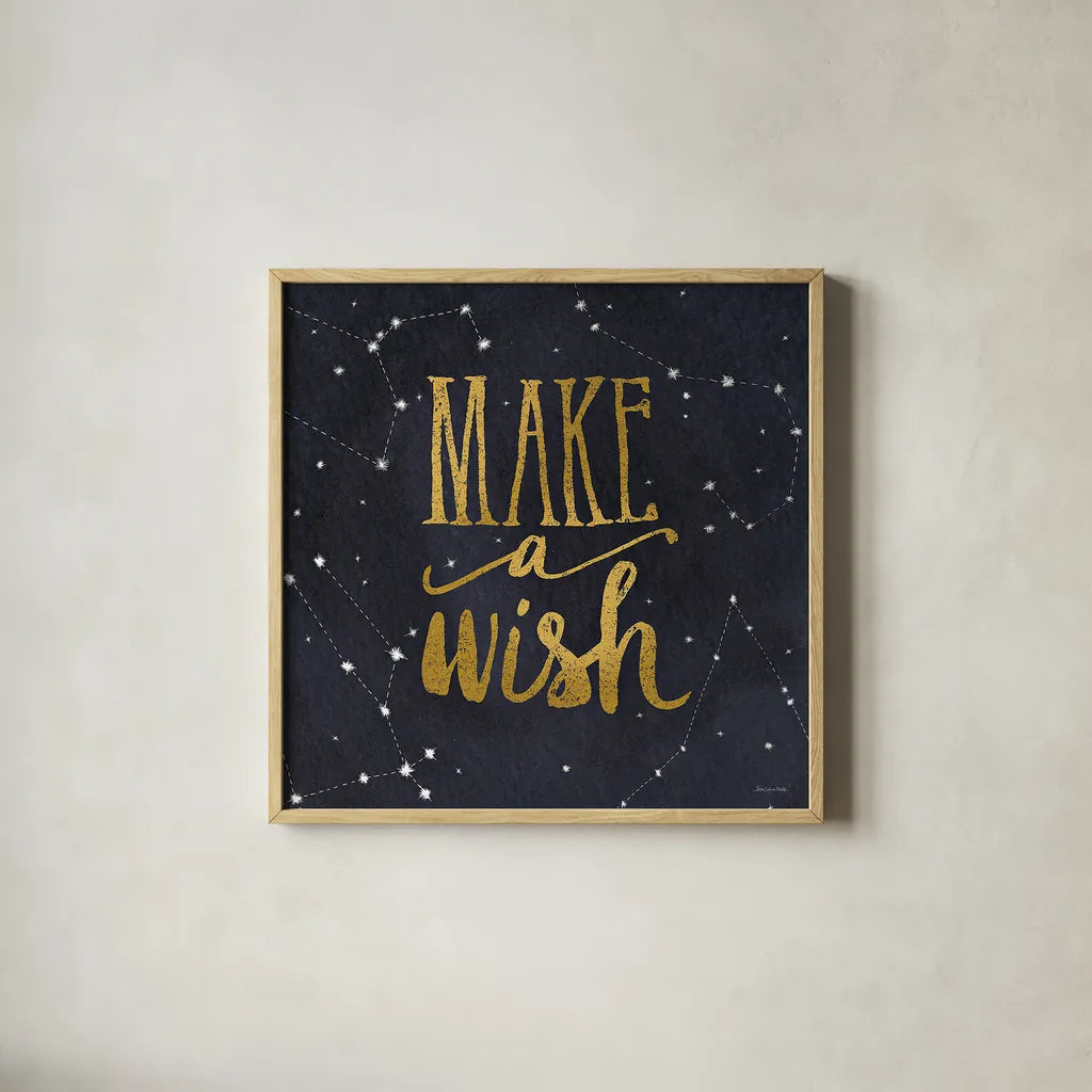 Starry Words I v.3 Gold by Sara Zieve Miller. Shown in a natural wood glass frame for a timeless modern aesthetic. Available as an archival giclee rolled canvas, fine art paper, or poster print. SKU 21671a.