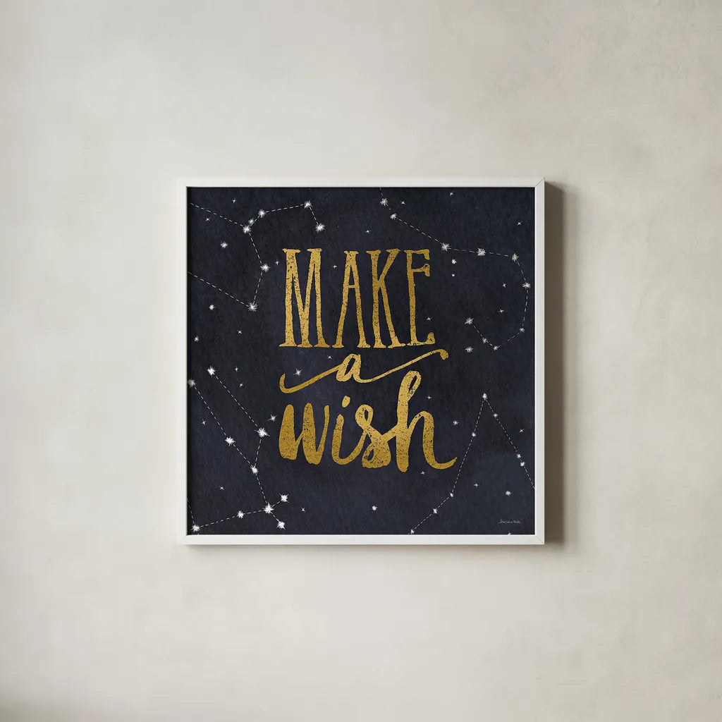 Starry Words I v.3 Gold by Sara Zieve Miller. Shown in a crisp white glass frame for a clean and minimalist style. Available as an archival giclee rolled canvas, fine art paper, or poster print. SKU 21671a.