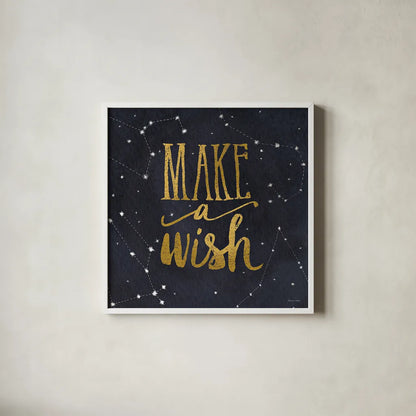 Starry Words I v.3 Gold by Sara Zieve Miller. Shown in a crisp white glass frame for a clean and minimalist style. Available as an archival giclee rolled canvas, fine art paper, or poster print. SKU 21671a.