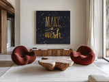 Starry Words I v.3 Gold by Sara Zieve Miller. Shown as extra-large giant wall art in a modern living room. Available as an archival giclee rolled canvas, fine art paper, or poster print. SKU 21671a.