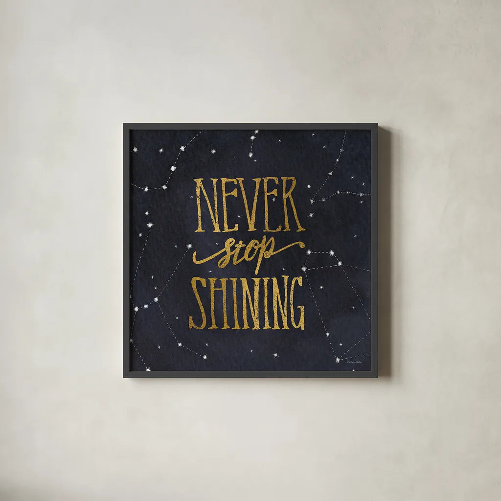 Starry Words II v.3 Gold by Sara Zieve Miller. Shown in a sleek black glass frame for a contemporary gallery look. Available as an archival giclee rolled canvas, fine art paper, or poster print. SKU 21672a.