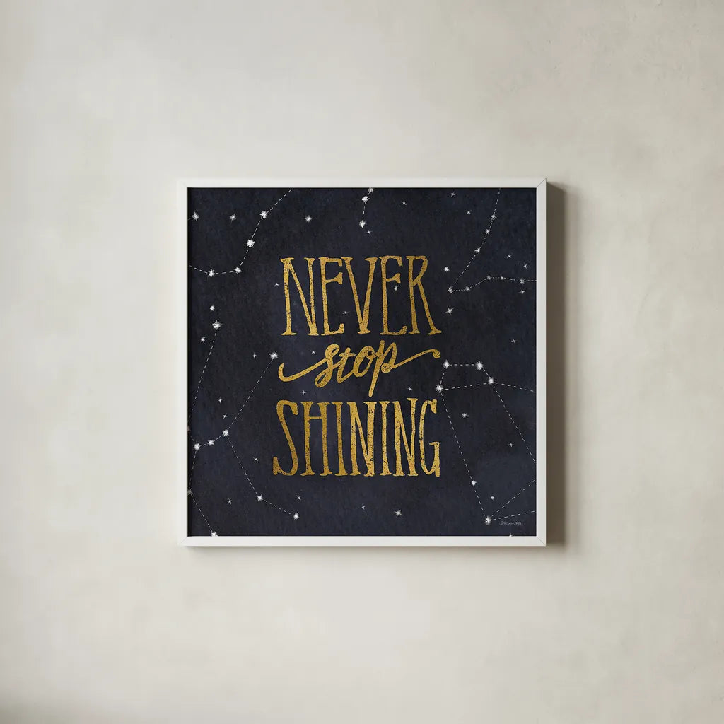 Starry Words II v.3 Gold by Sara Zieve Miller. Shown in a crisp white glass frame for a clean and minimalist style. Available as an archival giclee rolled canvas, fine art paper, or poster print. SKU 21672a.