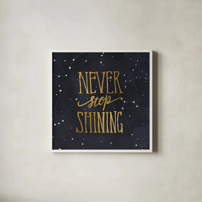 Starry Words II v.3 Gold by Sara Zieve Miller. Shown in a crisp white glass frame for a clean and minimalist style. Available as an archival giclee rolled canvas, fine art paper, or poster print. SKU 21672a.