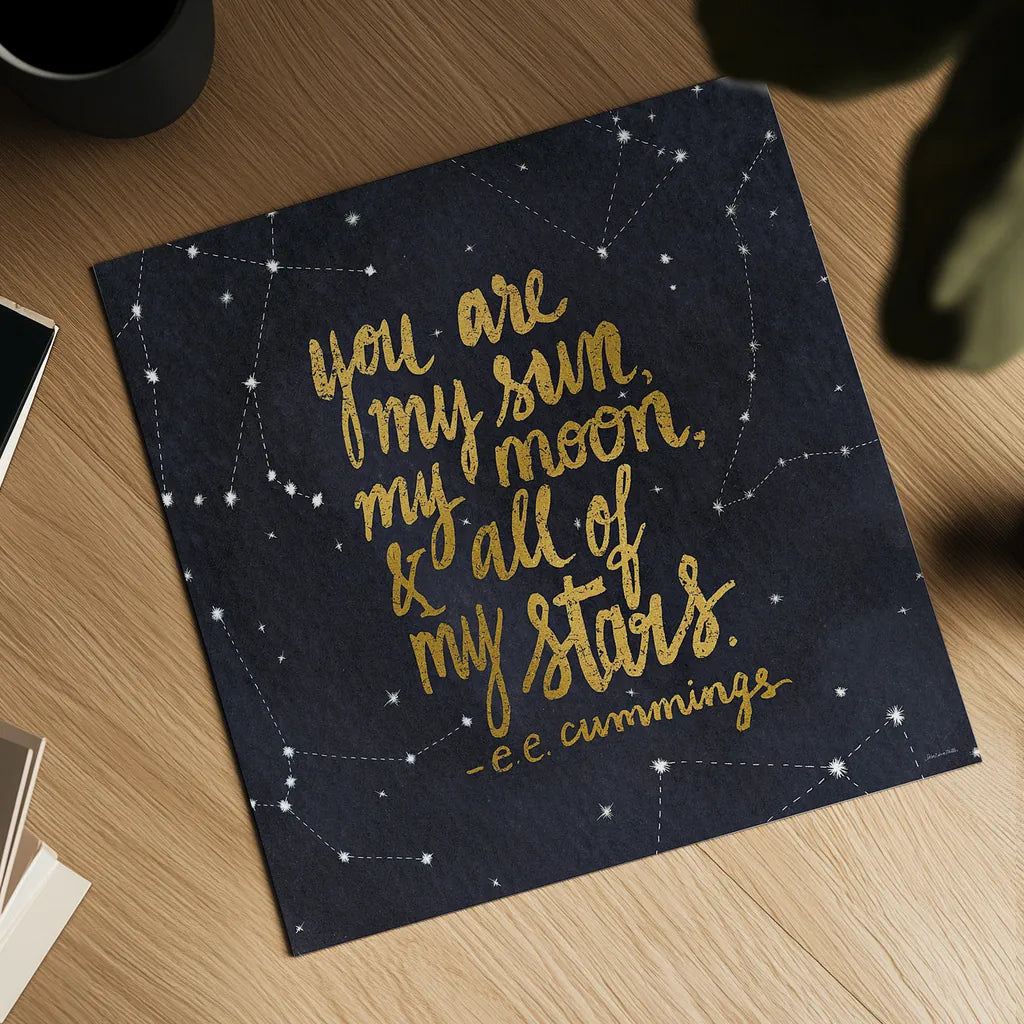 Starry Words III Gold by Sara Zieve Miller. Shown as a detailed flat fine art print, highlighting archival giclee quality. Available as an archival giclee rolled canvas, fine art paper, or poster print. SKU 21670a.