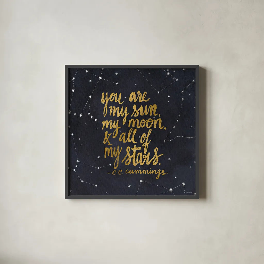 Starry Words III Gold by Sara Zieve Miller. Shown in a sleek black glass frame for a contemporary gallery look. Available as an archival giclee rolled canvas, fine art paper, or poster print. SKU 21670a.