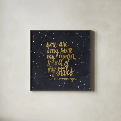 Starry Words III Gold by Sara Zieve Miller. Shown in a sleek black glass frame for a contemporary gallery look. Available as an archival giclee rolled canvas, fine art paper, or poster print. SKU 21670a.