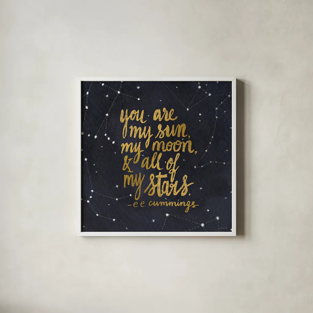 Starry Words III Gold by Sara Zieve Miller. Shown in a crisp white glass frame for a clean and minimalist style. Available as an archival giclee rolled canvas, fine art paper, or poster print. SKU 21670a.