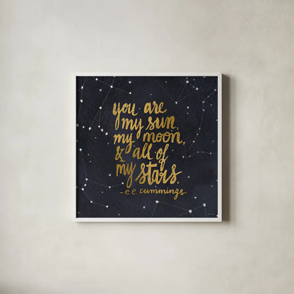 Starry Words III Gold by Sara Zieve Miller. Shown in a crisp white glass frame for a clean and minimalist style. Available as an archival giclee rolled canvas, fine art paper, or poster print. SKU 21670a.