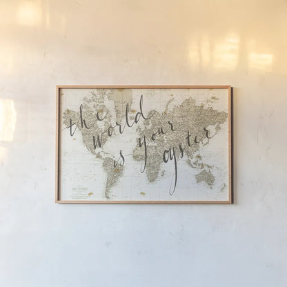 The World is Your Oyster by Sara Zieve Miller. shown as a paper print in a natural frame. Available as a archival giclee rolled canvas, fine art paper, or poster print. SKU 16779i.