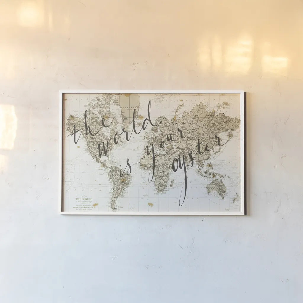 The World is Your Oyster by Sara Zieve Miller. shown as a paper print in a white frame. Available as a archival giclee rolled canvas, fine art paper, or poster print. SKU 16779i.