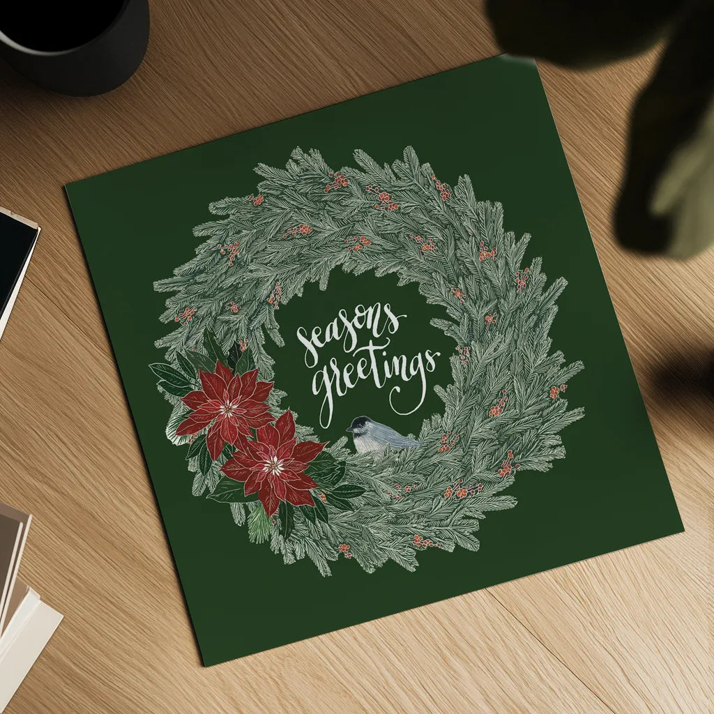 Woodland Wreath II Green by Sara Zieve Miller. Shown as a detailed flat fine art print, highlighting archival giclee quality. Available as an archival giclee rolled canvas, fine art paper, or poster print. SKU 43975a.