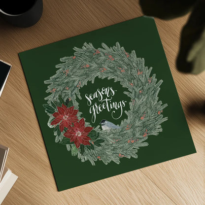 Woodland Wreath II Green by Sara Zieve Miller. Shown as a detailed flat fine art print, highlighting archival giclee quality. Available as an archival giclee rolled canvas, fine art paper, or poster print. SKU 43975a.