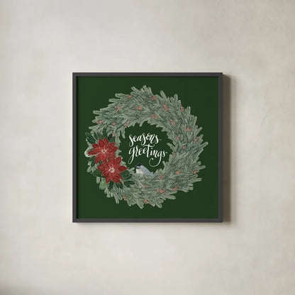 Woodland Wreath II Green by Sara Zieve Miller. Shown in a sleek black glass frame for a contemporary gallery look. Available as an archival giclee rolled canvas, fine art paper, or poster print. SKU 43975a.