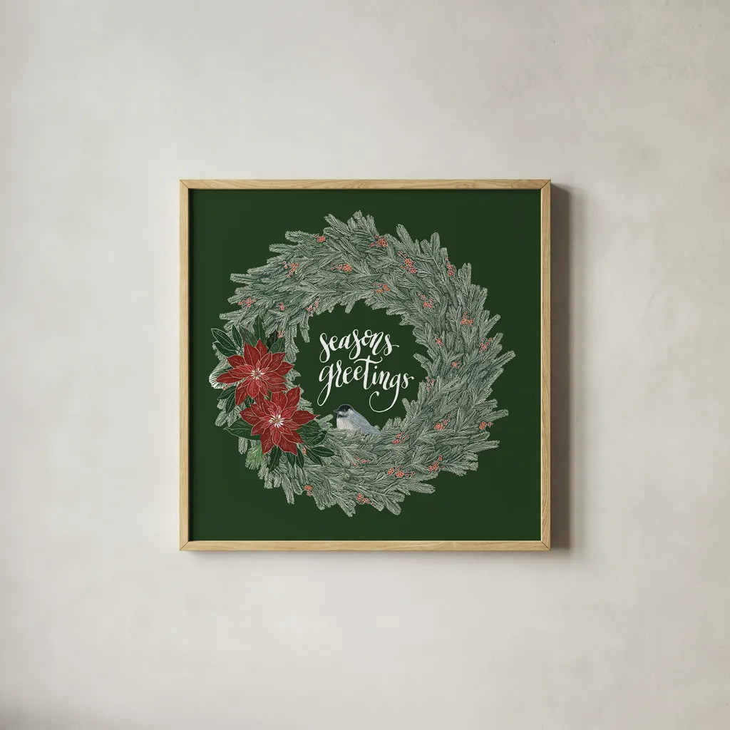 Woodland Wreath II Green by Sara Zieve Miller. Shown in a natural wood glass frame for a timeless modern aesthetic. Available as an archival giclee rolled canvas, fine art paper, or poster print. SKU 43975a.
