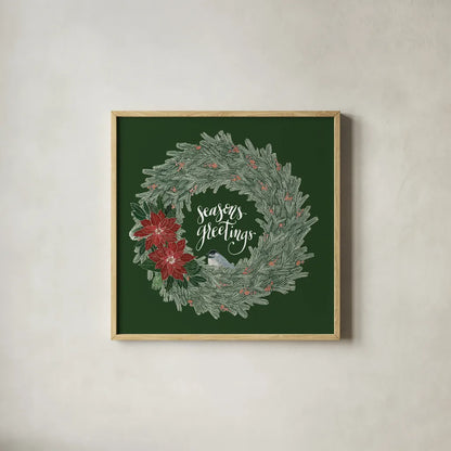 Woodland Wreath II Green by Sara Zieve Miller. Shown in a natural wood glass frame for a timeless modern aesthetic. Available as an archival giclee rolled canvas, fine art paper, or poster print. SKU 43975a.