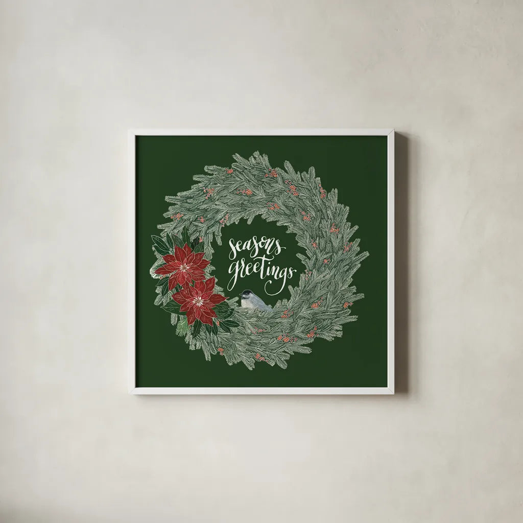 Woodland Wreath II Green by Sara Zieve Miller. Shown in a crisp white glass frame for a clean and minimalist style. Available as an archival giclee rolled canvas, fine art paper, or poster print. SKU 43975a.
