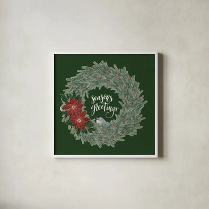 Woodland Wreath II Green by Sara Zieve Miller. Shown in a crisp white glass frame for a clean and minimalist style. Available as an archival giclee rolled canvas, fine art paper, or poster print. SKU 43975a.