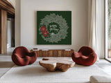 Woodland Wreath II Green by Sara Zieve Miller. Shown as extra-large giant wall art in a modern living room. Available as an archival giclee rolled canvas, fine art paper, or poster print. SKU 43975a.
