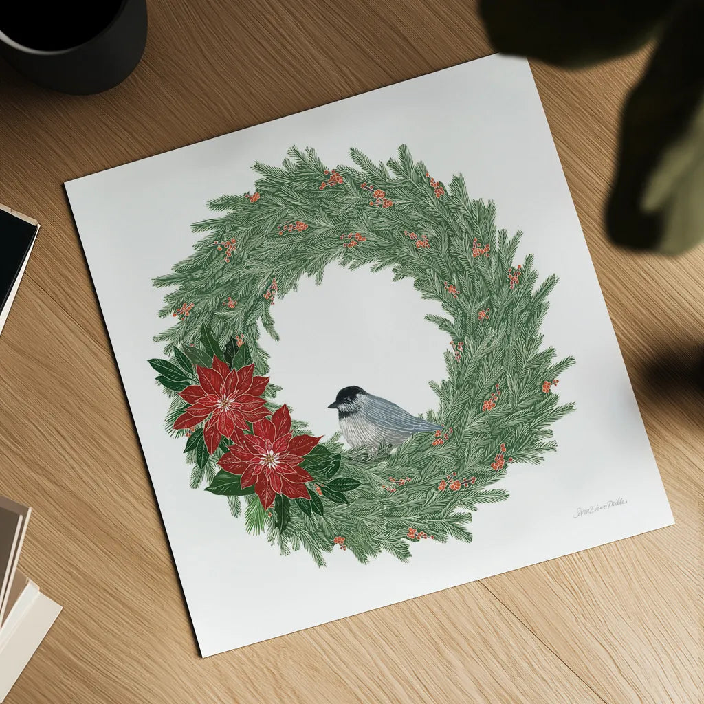 Woodland Wreath No Words II by Sara Zieve Miller. Shown as a detailed flat fine art print, highlighting archival giclee quality. Available as an archival giclee rolled canvas, fine art paper, or poster print. SKU 57215a.