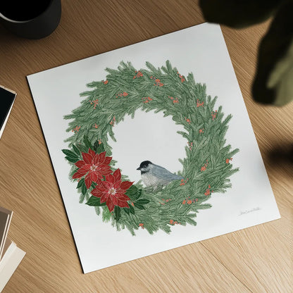 Woodland Wreath No Words II by Sara Zieve Miller. Shown as a detailed flat fine art print, highlighting archival giclee quality. Available as an archival giclee rolled canvas, fine art paper, or poster print. SKU 57215a.