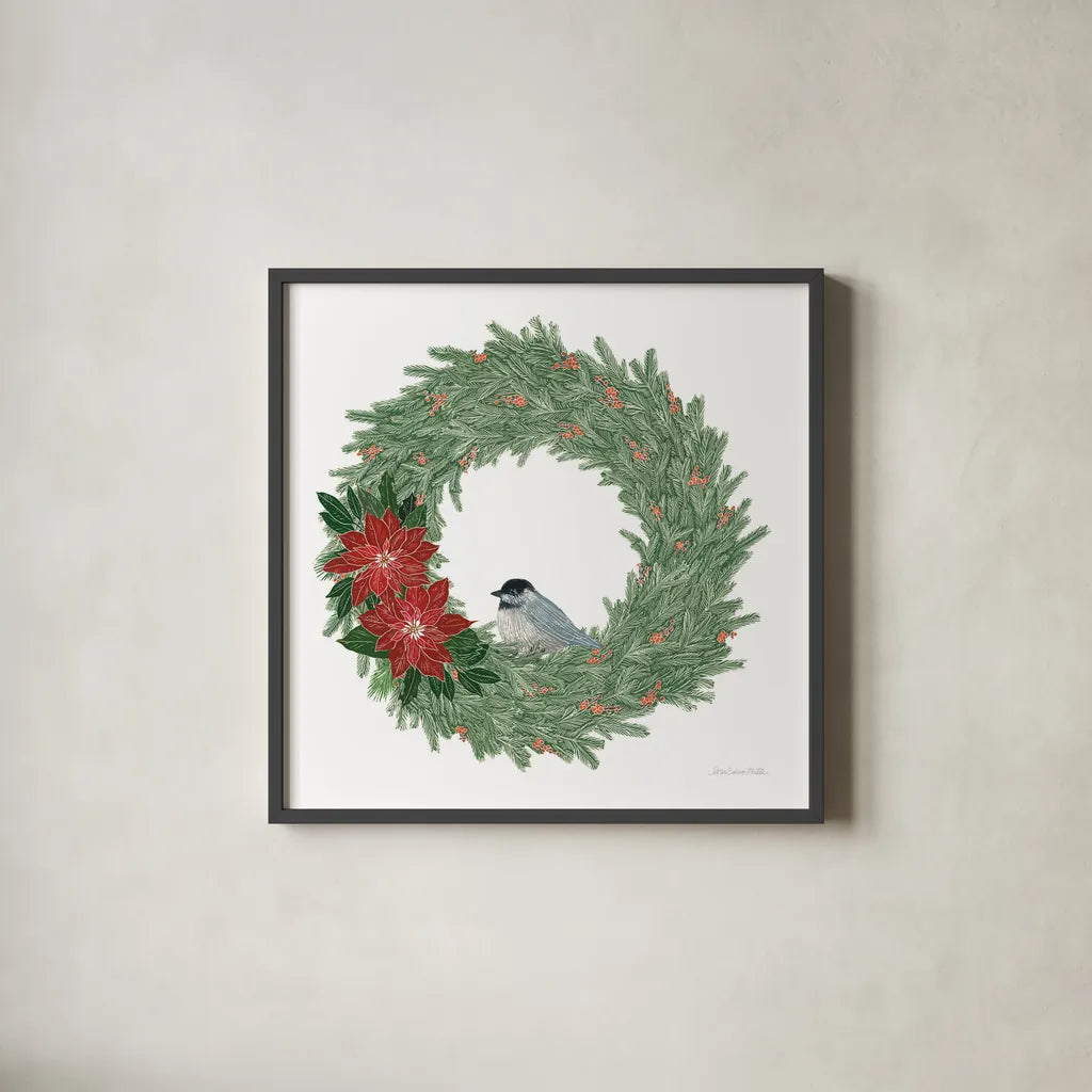 Woodland Wreath No Words II by Sara Zieve Miller. Shown in a sleek black glass frame for a contemporary gallery look. Available as an archival giclee rolled canvas, fine art paper, or poster print. SKU 57215a.