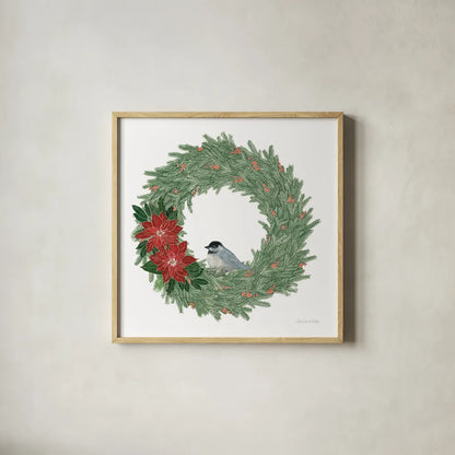 Woodland Wreath No Words II by Sara Zieve Miller. Shown in a natural wood glass frame for a timeless modern aesthetic. Available as an archival giclee rolled canvas, fine art paper, or poster print. SKU 57215a.