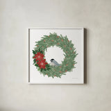 Woodland Wreath No Words II by Sara Zieve Miller. Shown in a crisp white glass frame for a clean and minimalist style. Available as an archival giclee rolled canvas, fine art paper, or poster print. SKU 57215a.