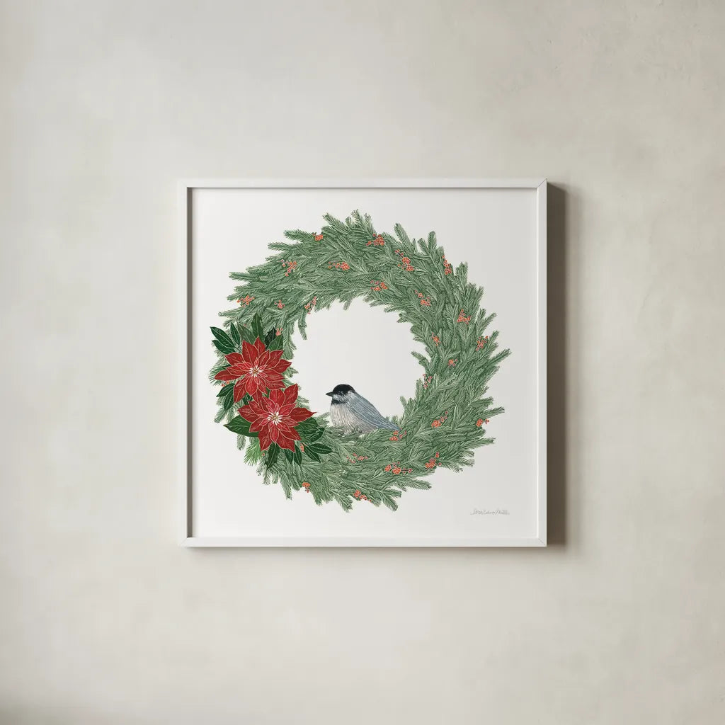 Woodland Wreath No Words II by Sara Zieve Miller. Shown in a crisp white glass frame for a clean and minimalist style. Available as an archival giclee rolled canvas, fine art paper, or poster print. SKU 57215a.