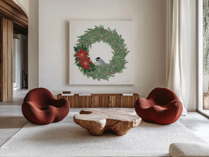 Woodland Wreath No Words II by Sara Zieve Miller. Shown as extra-large giant wall art in a modern living room. Available as an archival giclee rolled canvas, fine art paper, or poster print. SKU 57215a.