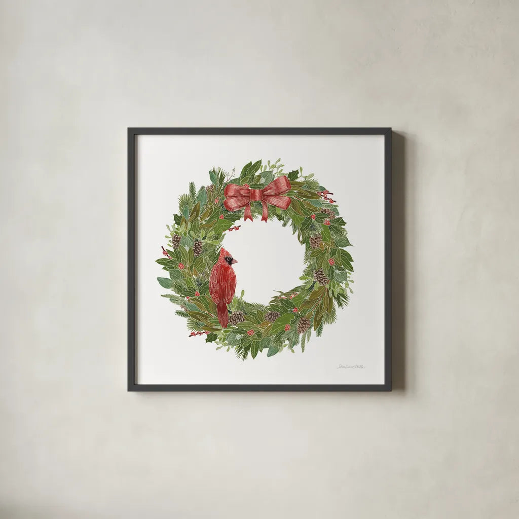 Woodland Wreath No Words IV by Sara Zieve Miller. Shown in a sleek black glass frame for a contemporary gallery look. Available as an archival giclee rolled canvas, fine art paper, or poster print. SKU 57216a.