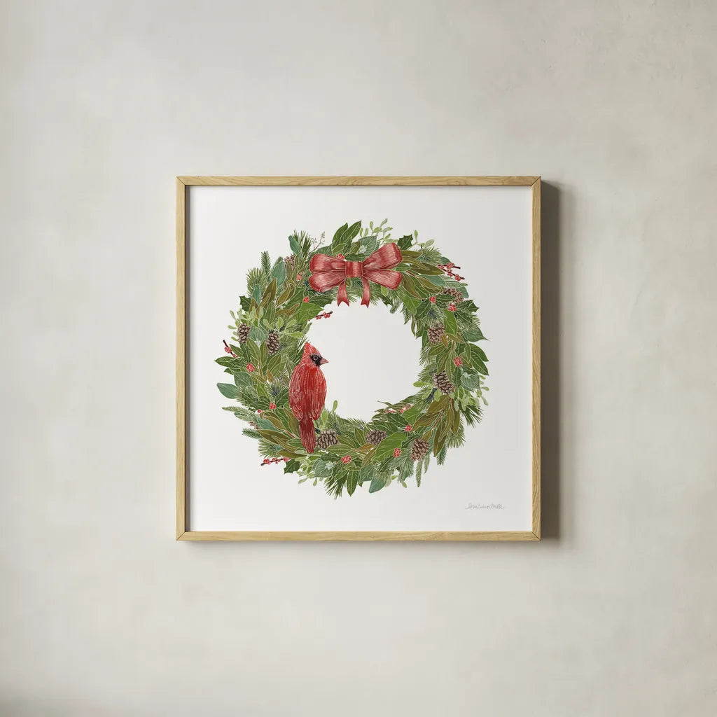 Woodland Wreath No Words IV by Sara Zieve Miller. Shown in a natural wood glass frame for a timeless modern aesthetic. Available as an archival giclee rolled canvas, fine art paper, or poster print. SKU 57216a.