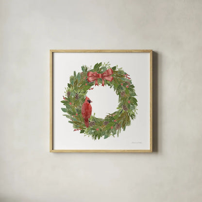 Woodland Wreath No Words IV by Sara Zieve Miller. Shown in a natural wood glass frame for a timeless modern aesthetic. Available as an archival giclee rolled canvas, fine art paper, or poster print. SKU 57216a.