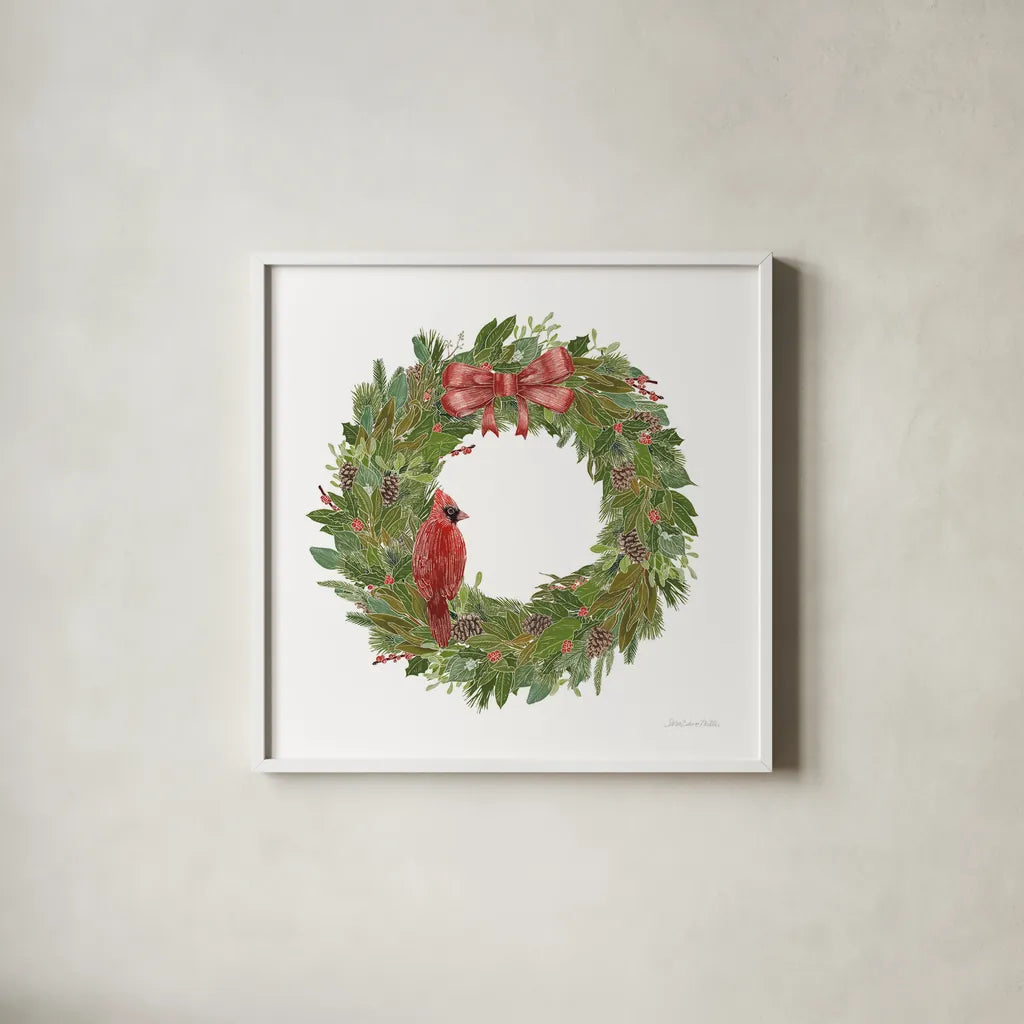 Woodland Wreath No Words IV by Sara Zieve Miller. Shown in a crisp white glass frame for a clean and minimalist style. Available as an archival giclee rolled canvas, fine art paper, or poster print. SKU 57216a.