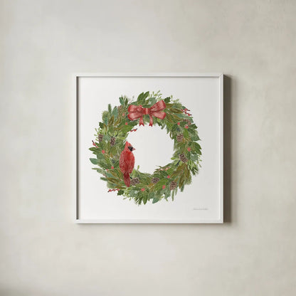 Woodland Wreath No Words IV by Sara Zieve Miller. Shown in a crisp white glass frame for a clean and minimalist style. Available as an archival giclee rolled canvas, fine art paper, or poster print. SKU 57216a.